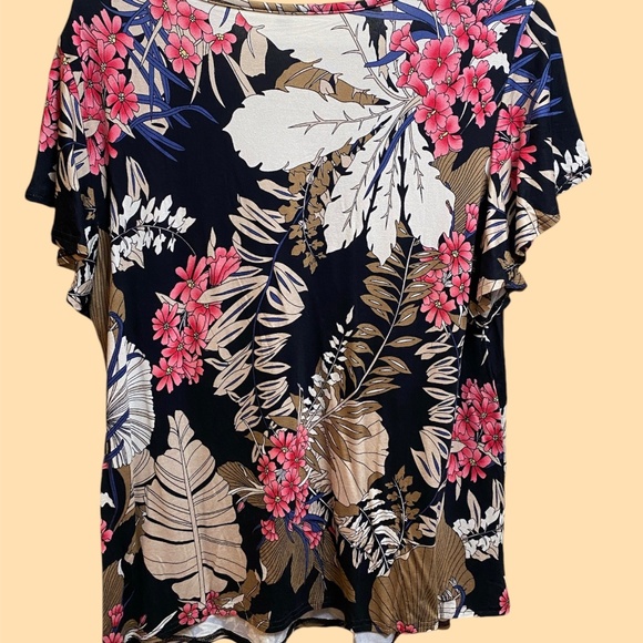 Womens Floral Leaves Short Flutter Sleeve Ruched V-Neck T-shirt Tee Top Blouse - Picture 3 of 4